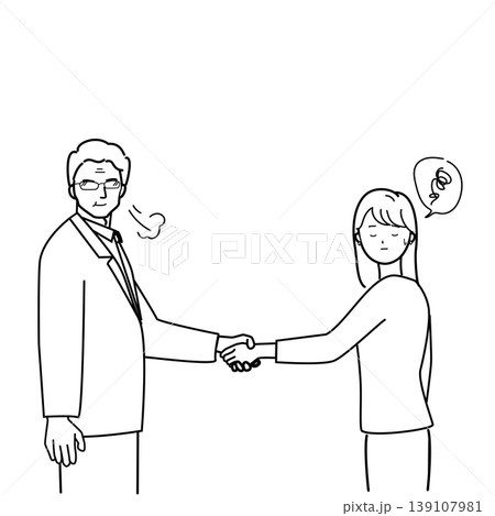 取引先との握手に困惑する女性と強引な男性上司のシンプル線画イラスト 139107981