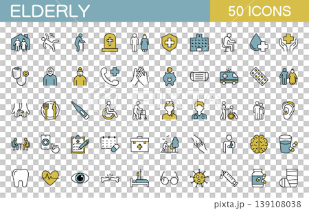 Line icon set related to the elderly and caregiving (color) Line icon set related to the elderly and caregiving (color) 139108038