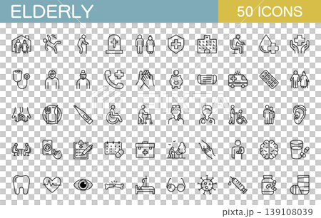 Elderly and care related line icon set Elderly and care related line icon set 139108039
