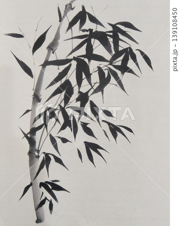 A detailed sumi-e brush stroke of a bamboo plant, displaying its unique leaves and stalk 139108450