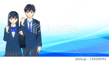 リュックとスクールバッグを持つ高校生または中学生の男女のアニメ風イラスト、グラデーション背景 リュックとスクールバッグを持つ高校生または中学生の男女のアニメ風イラスト、グラデーション背景 139108542
