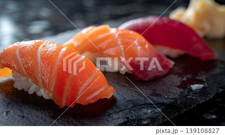 高級寿司店のサーモンとマグロ握りのシネマティック写真 高級寿司店のサーモンとマグロ握りのシネマティック写真 139108827