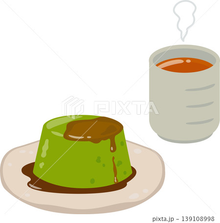 皿に盛った抹茶プリンと湯呑に入ったほうじ茶 皿に盛った抹茶プリンと湯呑に入ったほうじ茶 139108998