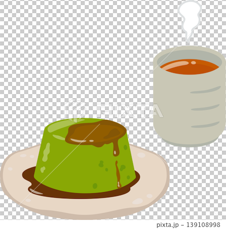 皿に盛った抹茶プリンと湯呑に入ったほうじ茶 皿に盛った抹茶プリンと湯呑に入ったほうじ茶 139108998