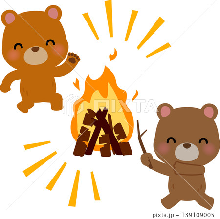 焚火の周りで踊るクマのキャラクター 139109005
