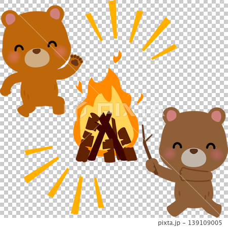 焚火の周りで踊るクマのキャラクター 139109005