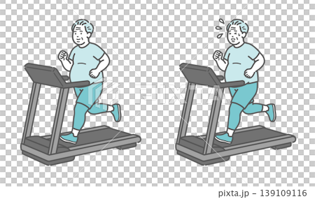 A set of comparative illustrations showing a slightly overweight senior man exercising on a treadmill. A set of comparative illustrations showing a slightly overweight senior man exercising on a treadmill. 139109116