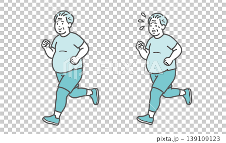 A set of comparative illustrations of a slightly overweight senior man jogging. 139109123