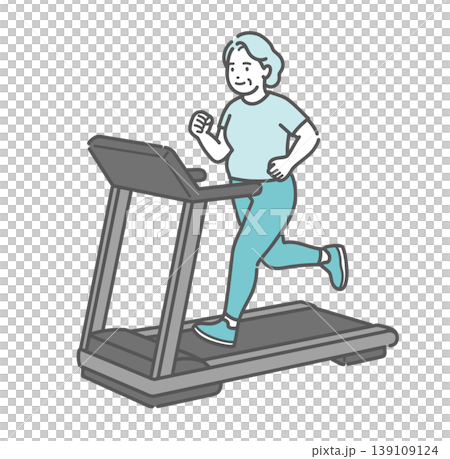 An illustration of a slightly overweight senior woman jogging on a treadmill (smiling). 139109124