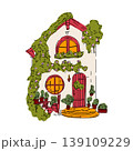 Cozy Cottage with Greenery and Vibrant Windows 139109229