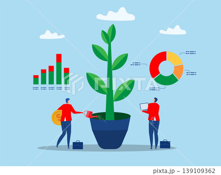 Businessman investor or financial planner standing on ladder to arrange pie chart arrangement shows a rising and rising trend, rebalancing a portfolio to optimize risk and return Businessman investor or financial planner standing on ladder to arrange pie chart arrangement shows a rising and rising trend, rebalancing a portfolio to optimize risk and return 139109362