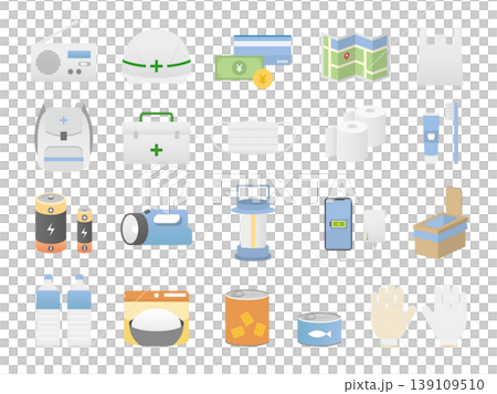 Icon set of disaster preparedness goods and evacuation supplies - Vector illustrations (disaster, earthquake, countermeasures, stockpiling, transparent background) Icon set of disaster preparedness goods and evacuation supplies - Vector illustrations (disaster, earthquake, countermeasures, stockpiling, transparent background) 139109510
