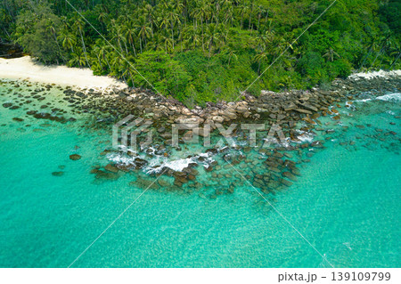 Aerial view of a rocky cape and lush green jungle meeting the turquoise ocean. Aerial view of a rocky cape and lush green jungle meeting the turquoise ocean. 139109799