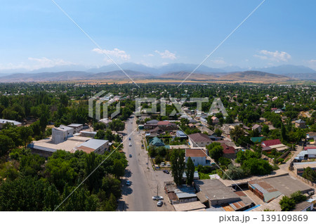 Aerial view of residential Kyrgyzstan townscape with mountains and trees Aerial view of residential Kyrgyzstan townscape with mountains and trees 139109869