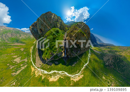 Aerial view of majestic mountain landscape with waterfall Aerial view of majestic mountain landscape with waterfall 139109895