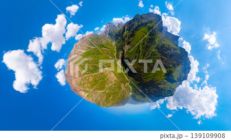 Aerial view of mountain range with green slopes and river valley 139109908