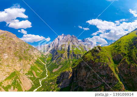 Aerial view of majestic mountain peaks and winding river Aerial view of majestic mountain peaks and winding river 139109914