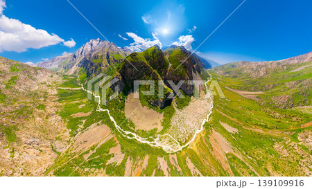 Aerial view of majestic mountain range with winding river Aerial view of majestic mountain range with winding river 139109916