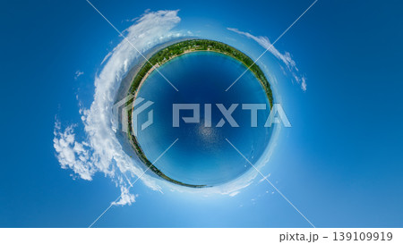 Panoramic little planet view of tranquil blue Issyk-Kul lake and green coastline Panoramic little planet view of tranquil blue Issyk-Kul lake and green coastline 139109919