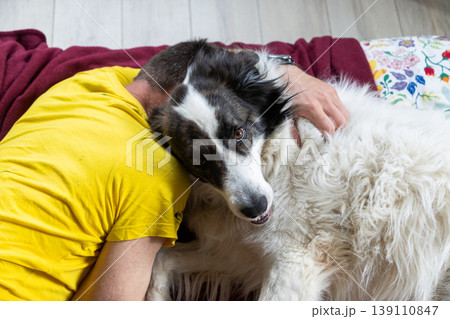 happy white dog and owner hugging in bed happy white dog and owner hugging in bed 139110847
