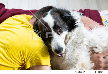 happy white dog and owner hugging in bed happy white dog and owner hugging in bed 139110849