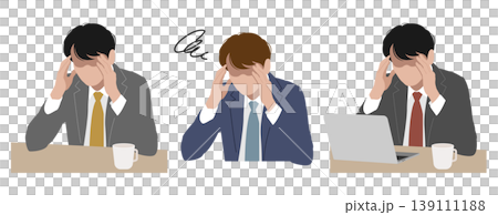 仕事で頭を抱える男性ビジネスパーソンのイラスト素材 ベクター ノートパソコン 白背景 139111188