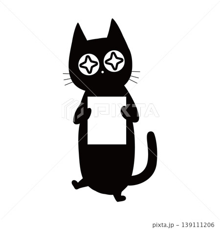 カードを持ったキラキラ目の黒猫イラスト　シンプルな手描き風　コピースペース素材 139111206