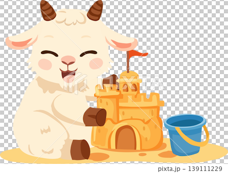 adorable baby goat character playing with sandcastle and bucket seaside summer cartoon art adorable baby goat character playing with sandcastle and bucket seaside summer cartoon art 139111229