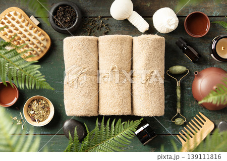Luxury Spa Flatlay with Towels, Tea, and Natural Wellness Tools Luxury Spa Flatlay with Towels, Tea, and Natural Wellness Tools 139111816