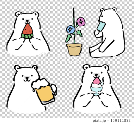 Polar bear hand-drawn illustration set: Summer, watermelon, beer, ice cream, morning glory, shaved ice 139111852