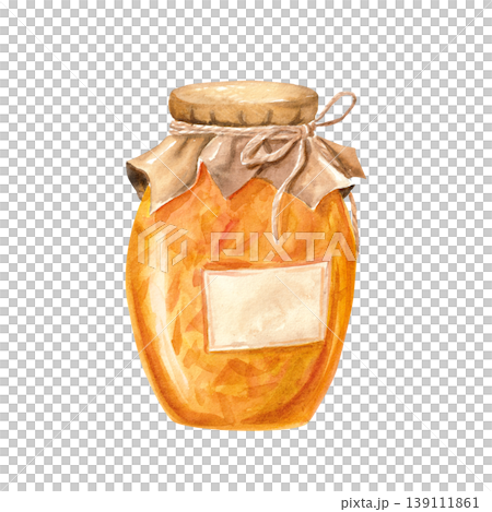 A jar of jam with a label. Watercolor isolated illustration for farm product design. A jar of jam with a label. Watercolor isolated illustration for farm product design. 139111861