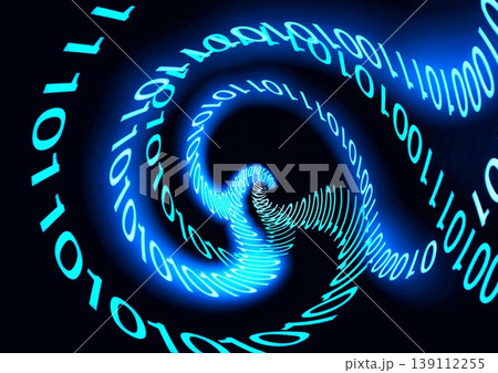 黒背景に青く輝くバイナリコードの波形データフロー　デジタル通信・AI・サイバー空間イメージ 139112255