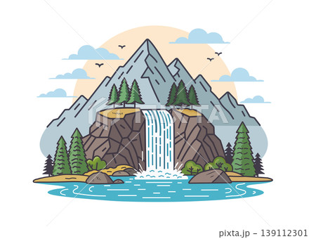 Flat Line Art Illustration of Mountain Landscape Waterfall Flat Line Art Illustration of Mountain Landscape Waterfall 139112301