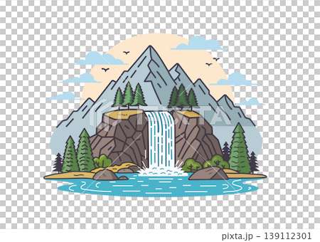 Flat Line Art Illustration of Mountain Landscape Waterfall Flat Line Art Illustration of Mountain Landscape Waterfall 139112301