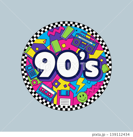 90s Retro Nostalgia Sticker Design with Boombox, Cassette, and Floppy Disk in Memphis Style 139112434