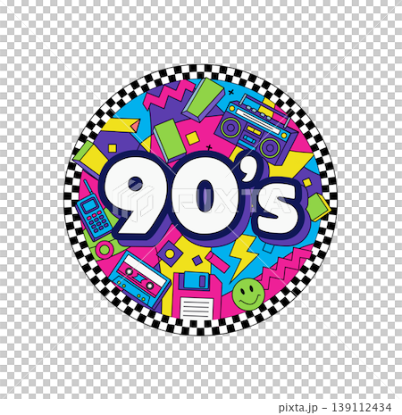 90s Retro Nostalgia Sticker Design with Boombox, Cassette, and Floppy Disk in Memphis Style 139112434