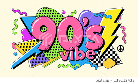 90s Vibe Retro Pop Art Vector Illustration with Memphis Geometric Shapes 90s Vibe Retro Pop Art Vector Illustration with Memphis Geometric Shapes 139112435
