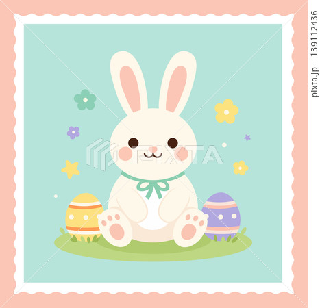 Cute Easter Bunny with Colorful Eggs and Flowers on Mint Background, Kawaii Style Illustration 139112436