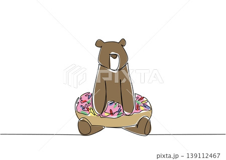 Single line drawing of adorable brown bear for nature concept features cute giant animal sitting inside sweet donut. Colorful graphic celebrates an international food day theme with the forest beast Single line drawing of adorable brown bear for nature concept features cute giant animal sitting inside sweet donut. Colorful graphic celebrates an international food day theme with the forest beast 139112467