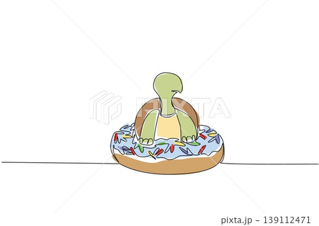 Continuous line drawing of adorable green tortoise for sweet dessert concept features cute animal sitting inside donut. Colorful art represents an international food day theme with a playful reptile 139112471