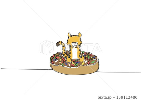 One line drawing of adorable cheetah features wild fast animal sitting inside sparkled donut for sweet pastry concept. Colorful art ideal for international food day theme and kids bedroom decoration One line drawing of adorable cheetah features wild fast animal sitting inside sparkled donut for sweet pastry concept. Colorful art ideal for international food day theme and kids bedroom decoration 139112480