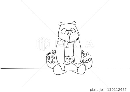 Single line drawing of adored panda for fancy dessert concept shows cute playful animal sitting inside sweet donut. Simple sketch fits international food day with favorite bear from East Asia art Single line drawing of adored panda for fancy dessert concept shows cute playful animal sitting inside sweet donut. Simple sketch fits international food day with favorite bear from East Asia art 139112485