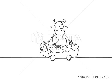 Single line drawing of cow shows playful cute animal sitting inside sweet donut for fancy pastry concept. Unique design features farm creature for an international food day theme in a minimalist style Single line drawing of cow shows playful cute animal sitting inside sweet donut for fancy pastry concept. Unique design features farm creature for an international food day theme in a minimalist style 139112487