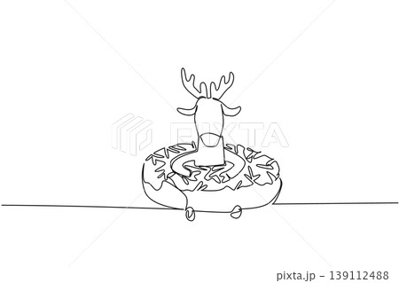 Continuous line drawing of cute antlered deer depicts national park animal sitting inside donut for pastry concept. Simple illustration fits an international food day theme for forest mammal lover 139112488