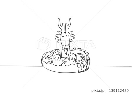 Single line drawing of fantasy legendary dragon shows cute animal sitting inside donut for food concept. Unique design features mythical beast for kids stationery purpose in minimalist style art Single line drawing of fantasy legendary dragon shows cute animal sitting inside donut for food concept. Unique design features mythical beast for kids stationery purpose in minimalist style art 139112489
