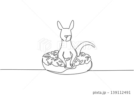 Cute kangaroo single line drawing features the wild animal sitting inside a donut for a food concept. The minimalist design represents a coloring page purpose for a kids event activity deco. Cute kangaroo single line drawing features the wild animal sitting inside a donut for a food concept. The minimalist design represents a coloring page purpose for a kids event activity deco. 139112491