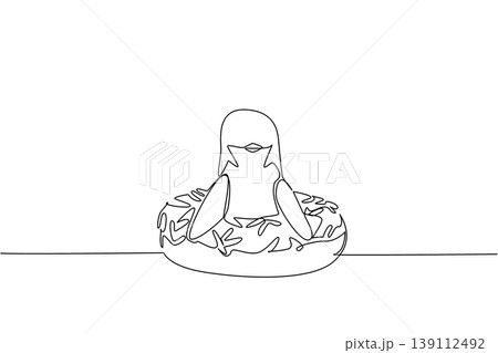 Single line drawing of cute penguin shows charming playful animal sitting inside sweet donut for dessert food concept. Unique design of arctic bird for kids stationery purpose in minimalist art 139112492