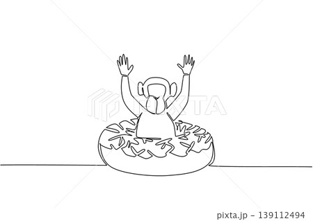 Single line drawing of playful chimpanzee shows cute animal sitting inside sweet donut for fancy pastry concept. Unique design of charming primate for kids wall decor purpose in minimalist style art Single line drawing of playful chimpanzee shows cute animal sitting inside sweet donut for fancy pastry concept. Unique design of charming primate for kids wall decor purpose in minimalist style art 139112494