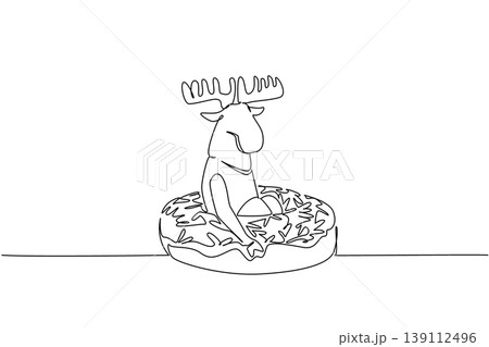 Single line drawing of cute playful moose features wild antler forest animal sitting inside glazed donut for food concept. Minimalist design of kids stationery purpose for international wildlife day Single line drawing of cute playful moose features wild antler forest animal sitting inside glazed donut for food concept. Minimalist design of kids stationery purpose for international wildlife day 139112496