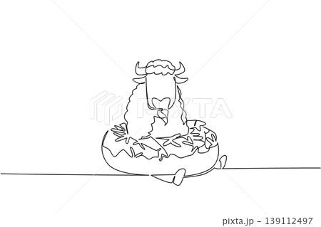 Single line drawing of adored strong bison for food concept shows cute animal sitting inside sparkled donut. Simple sketch fits coloring page purpose for an international wildlife day theme in art Single line drawing of adored strong bison for food concept shows cute animal sitting inside sparkled donut. Simple sketch fits coloring page purpose for an international wildlife day theme in art 139112497